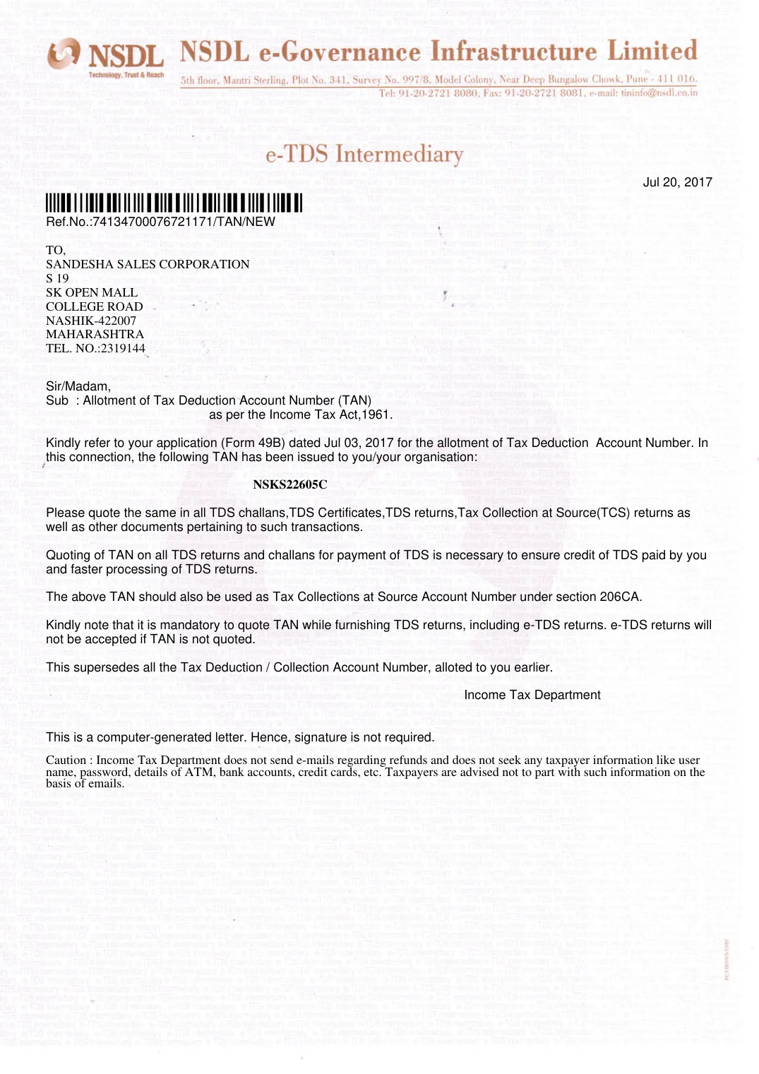 TAN allotment letter